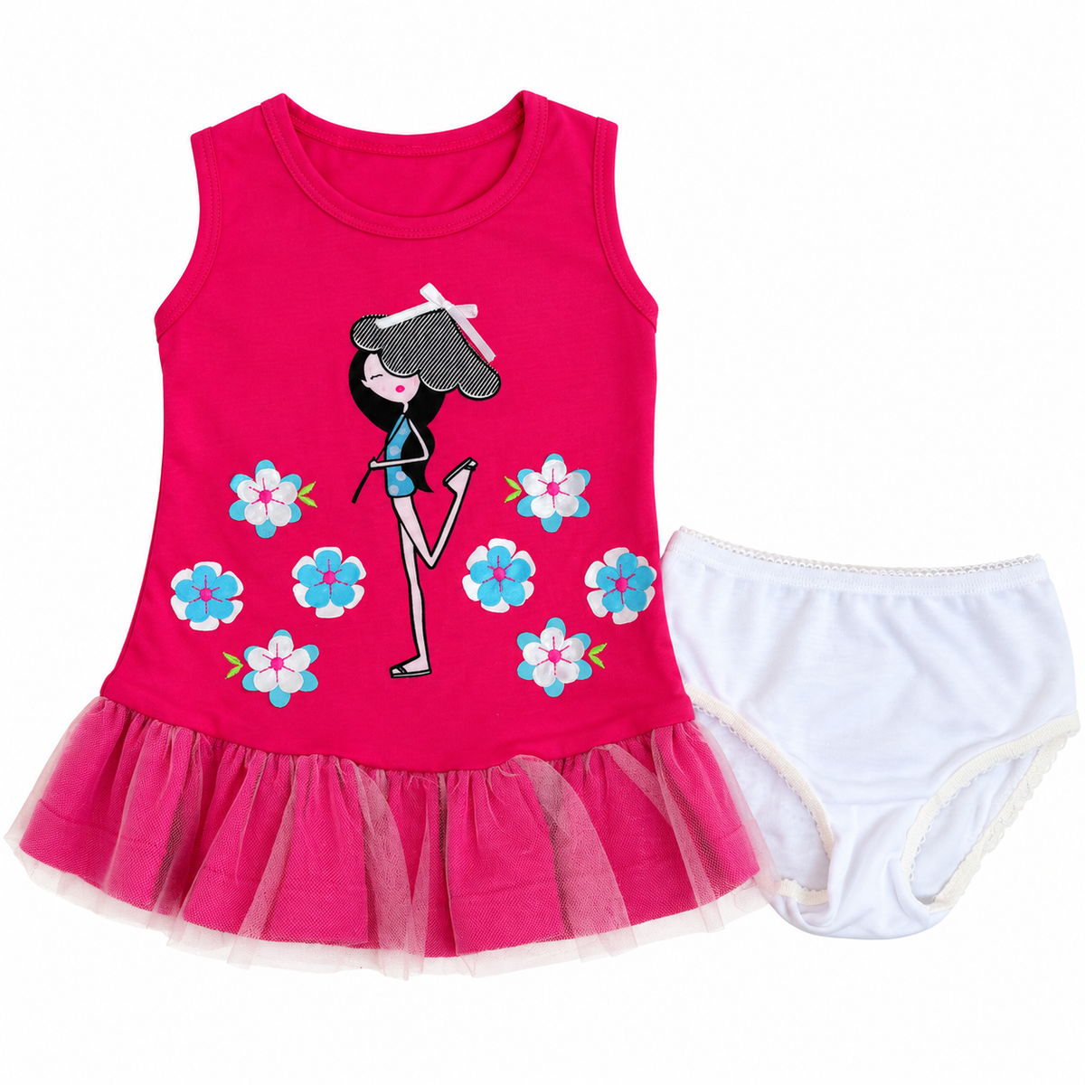 Vestido Fucsia Flores y panty Interior