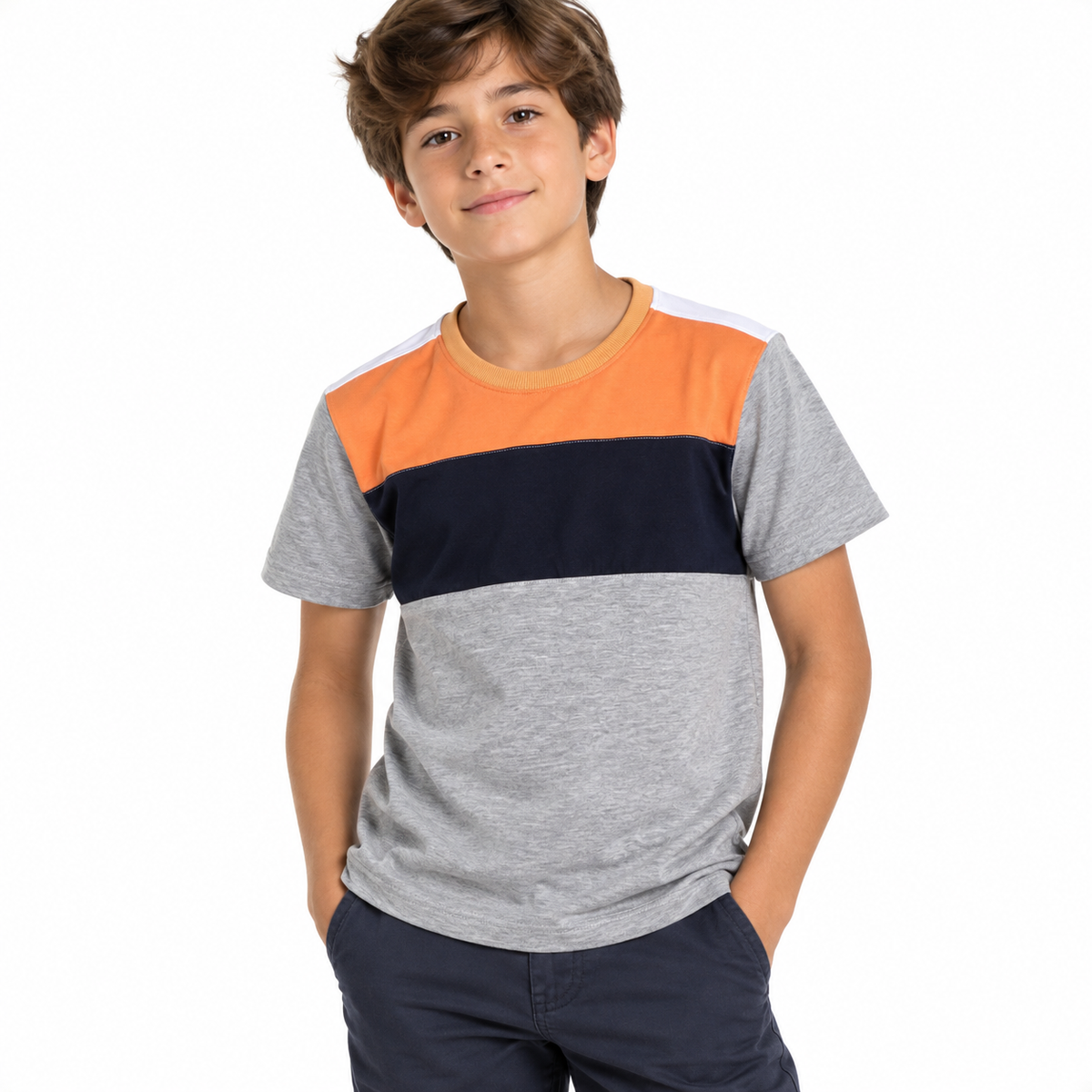 Camiseta Tricolor Gris Naranja y Azul