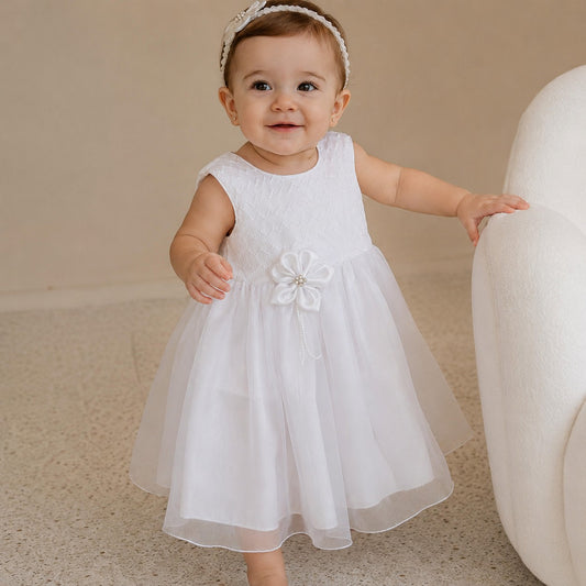Vestido Blanco Flor Satinada
