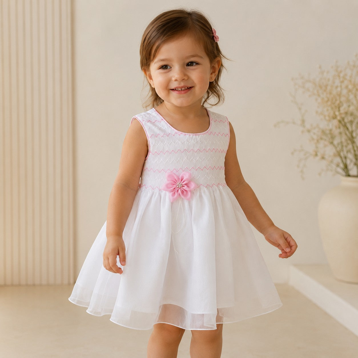 Vestido Blanco Smock Rosa
