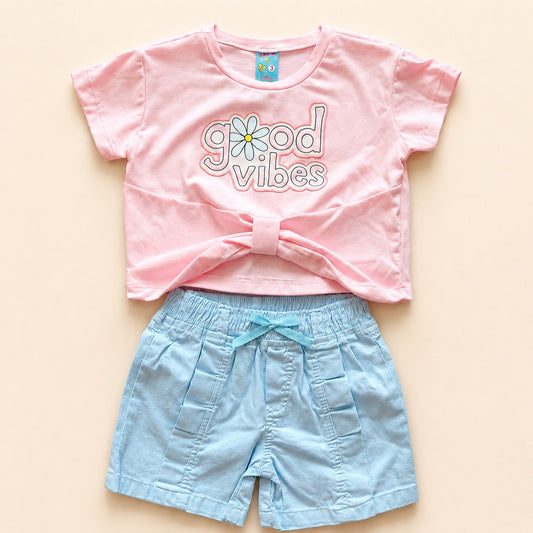 CONJUNTO BLUSA GOOD VIBES Y SHORT AZUL