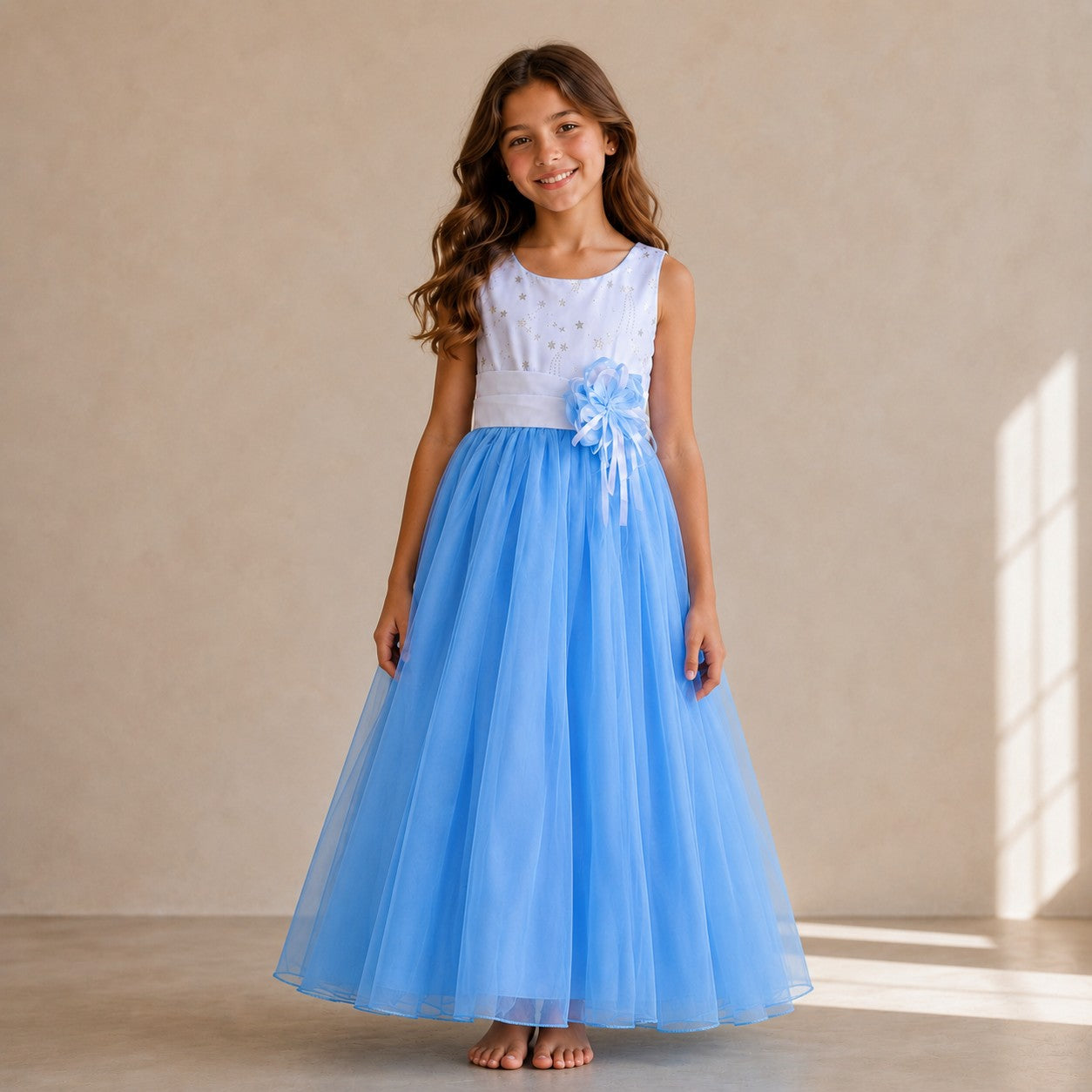 VESTIDO TUL AZUL CON BLANCO