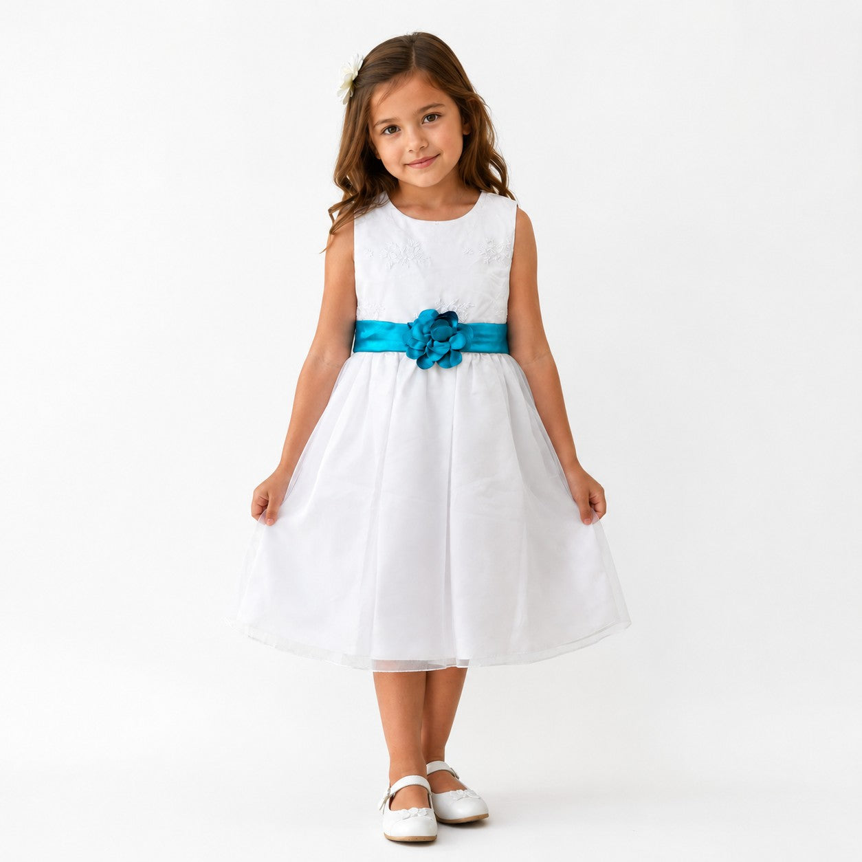 VESTIDO BLANCO CINTA AZUL