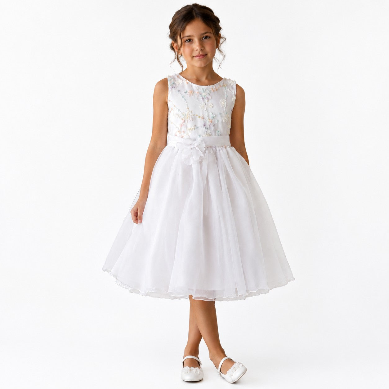 VESTIDO TUL BLANCO BORDADO COLORES